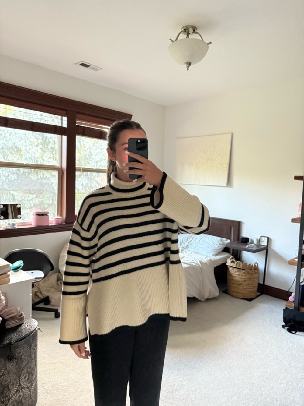 Toteme Black and Cream Striped Cowl Turtleneck Sweater